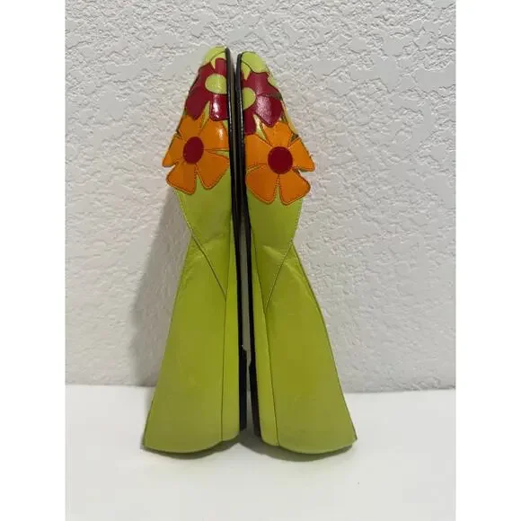 Vintage Y2K Womens Shoes 9M Leather Bright Floral Pointed Toe Lime Green Spain - Picture 7 of 9
